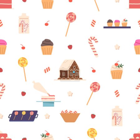 Illustration for Seamless Pattern Adorned With Delectable Pastries Like Cupcakes, Candy Canes, Cakes And Lollipops, Forming A Deliciously Charming Design For A Sweet And Inviting Backdrop. Cartoon Vector Illustration - Royalty Free Image