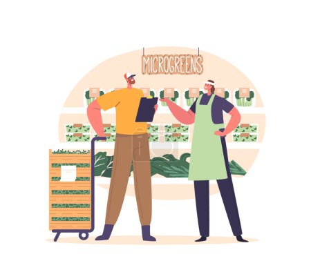 Illustration for Male Character Delivering Fresh Microgreens To The Local Market Store, Ensuring A Burst Of Green Goodness For Health-conscious Shoppers. Farmer Man Produce Greens. Cartoon People Vector Illustration - Royalty Free Image