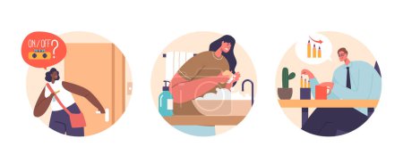Illustration for Isolated Vector Round Icons or Avatars of Characters Suffer of Obsessive-compulsive Disorder, People with Ocd Thinking Whether they Turned The Oven Off, Washing Hands and Arranging Pencils Rituals - Royalty Free Image