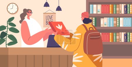 Illustration for Female Character Taking in Library. Woman, Absorbed In The World Of Books, Carefully Selects Her Next Adventure In The Cozy Bookshop, Where Stories Await Her Touch. Cartoon People Vector Illustration - Royalty Free Image