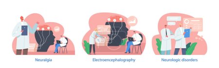 Illustration for Isolated Elements Doctor Neurologist, Neuroscientist, Physician Characters Study Brain Connected to Display with Eeg Indication. Neurology, Neuroscience, Electroencephalography Cartoon Vector Concept - Royalty Free Image