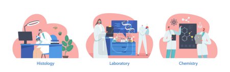 Illustration for Isolated Elements With Characters in Scientific Laboratory. Scientists Working with Dna, Looking through Microscope, Making Notes. Medicine Genetic Technology, Histology. Cartoon Vector Illustration - Royalty Free Image