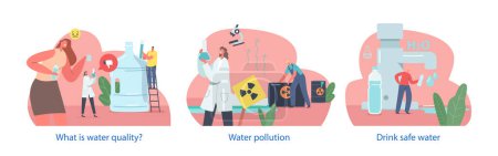 Isolated Elements with Characters Perform Water Quality Checkup Themes, Ensure Purity And Safety. People Meticulously Test And Analyze Water For Contaminants and Pollution. Cartoon Vector Illustration