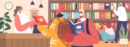Illustration for Characters Engrossed In Reading, Studying, And Researching In The Serene Library. Haven Of Knowledge, Where Whispers And Rustling Pages Create A Tranquil Symphony. Cartoon People Vector Illustration - Royalty Free Image