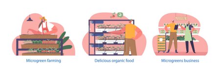 Illustration for Isolated Elements With Characters Growing Greenery, People Tending To Shelves Of Vibrant Microgreens, Nurture Tiny Plants, Delivering A Fresh And Healthy Harvest to Stores. Cartoon Vector Illustration - Royalty Free Image