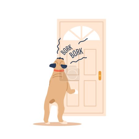 Illustration for Dog Persistently Barking At The Door Signals A Behavior Problem, Likely Stemming From Anxiety, Territorial Instincts, Or The Need For Social Interaction And Training. Cartoon Vector Illustration - Royalty Free Image