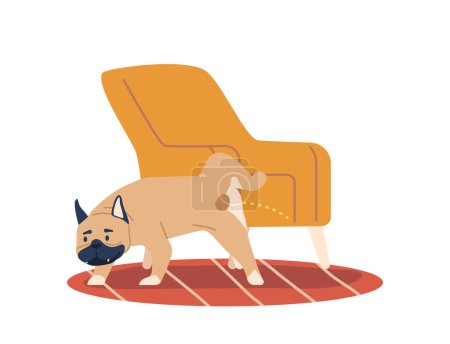 Ilustración de Perro orinar en los muebles es un problema de comportamiento común, lo que indica la marca territorial, la ansiedad, o el entrenamiento doméstico inadecuado. Bulldog francés travieso, levantado la pierna, se alivia en el sillón - Imagen libre de derechos