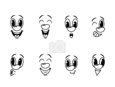Illustration for Classic Retro Emoji Black And White Set Captures The Essence Of Vintage Emoticons. Simple Monochrome Cartoon Characters Full Of Expressive Charm, A Throwback To The Digital Past. Vector Illustration - Royalty Free Image