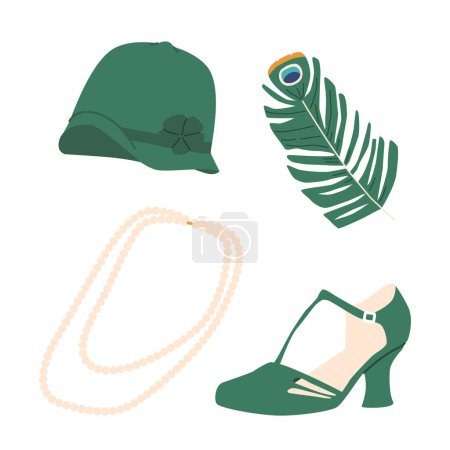 Illustration for 1920s Retro Female Accessories Included Long Pearl Necklace, Cloche Hats, T-strap Shoes, And Peacock Feathers in Emerald Green Hues, Epitomizing The Jazz Age Glamour. Cartoon Vector Illustration - Royalty Free Image