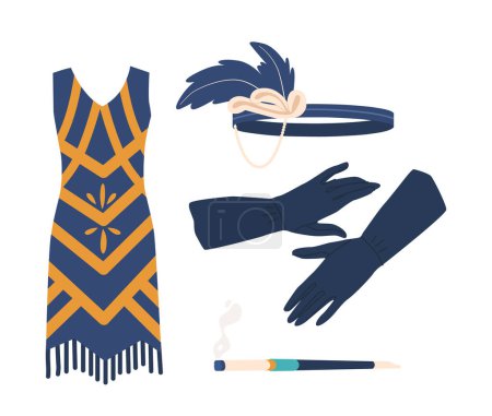 Illustration for Retro Female Accessories Of The 1920s Included Fringed Flapper Dress, Feathered Headband, Smoker and Gloves. Art Deco-inspired Collection of Glamorous Women Items. Cartoon Vector Illustration - Royalty Free Image