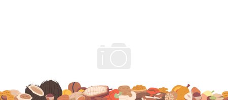 Illustration for Seamless Pattern with Nuts. Almond, Walnut, Brazil And Peanut With Nutmeg. Pecan, Cashew, Pistachio And Cocoa Beans. Coconut, Macadamia And Hazelnut. Cartoon Vector Horizontal Border, Wallpaper, Frame - Royalty Free Image