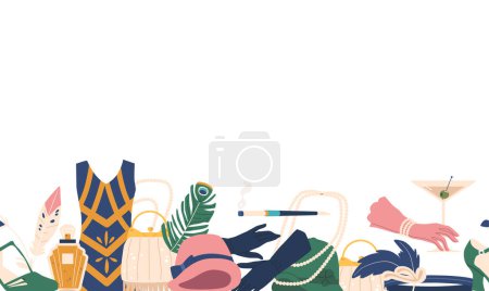 Ilustración de Patrón sin costura con accesorios femeninos retro de la década de 1920, incluyendo diademas de aleta, perlas, plumas Boas, y motivos Art Deco. Dibujos animados Vector Ilustración, Frontera horizontal, Papel pintado - Imagen libre de derechos