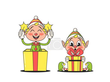 Illustration for Cartoon Christmas Elves Retro Characters In Vibrant, Old-fashioned Attire, Gleefully Hold Sparklers Beside A Festively Wrapped Gift Box. Joyful Nostalgic Style Holiday Personages. Vector Illustration - Royalty Free Image