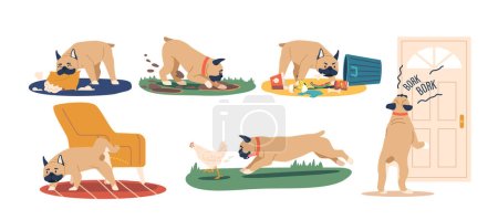 Illustration for Common Dog Behavior Problems Include Aggression, Excessive Barking, Separation Anxiety, Chewing, Digging, And House Soiling. Funny French Bulldog Character Bad Habits. Cartoon Vector Illustration - Royalty Free Image