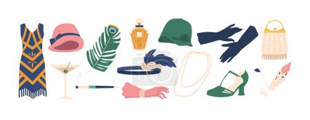 Ilustración de Retro 1920s Accesorios femeninos Destacados Flapper Headband, collar de perlas largas, sombreros de Cloche, guantes, monederos con cuentas, y zapatos de correa en T, reflejando el estilo de moda y elegante de la era del jazz. Set de vectores - Imagen libre de derechos