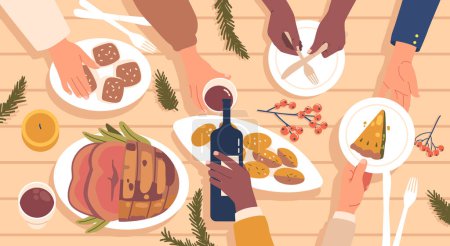 Illustration for Bountiful Christmas Feast, Hands Reaching For Various Dishes, Creating A Vibrant, Mouthwatering Top View With An Array Of Delectable Food and Festive Decor. Cartoon Vector Illustration - Royalty Free Image