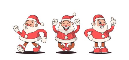 Ilustración de Personajes de Papá Noel de estilo retro con mejillas rosadas, trajes rojos vibrantes y alegría de ojos centelleantes, aportan un encanto navideño nostálgico con un toque de magia clásica de Yuletide. Dibujos animados Gente Vector Ilustración - Imagen libre de derechos