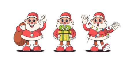 Ilustración de Personajes de Papá Noel de estilo retro, en vibrante, trajes rojos clásicos, regalos festivos de osos y guirnalda. Sus mejillas rosadas y barbas blancas emanan encanto navideño intemporal. Dibujos animados Gente Vector Ilustración - Imagen libre de derechos