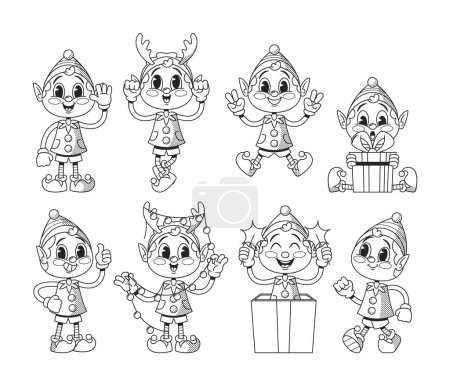 Ilustración de Elfos de Navidad de estilo retro personajes de dibujos animados en blanco y negro con expresiones alegres, traen un encanto nostálgico a la temporada de vacaciones. Personajes de cuento de hadas con regalos, guirnaldas. Ilustración de vectores, conjunto - Imagen libre de derechos