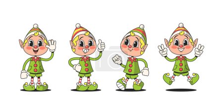 Illustration for Retro Style Christmas Elves Cartoon Characters in Vintage Attire, Complete With Pointy Hats And Mischievous Grins, Adding Nostalgic Touch To Holiday Cheer. Vector Funny Fairytale Emoji Personages - Royalty Free Image