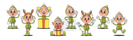 Ilustración de Elfos de Navidad de estilo retro personajes de dibujos animados Vestirse colorido, traje de rayas con sombreros puntiagudos y expresiones alegres, Traiga un encanto nostálgico a la temporada de vacaciones. Ilustración de vectores, conjunto - Imagen libre de derechos