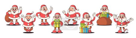 Ilustración de Personajes de dibujos animados de Santa Claus de estilo retro en trajes rojos clásicos, sombreros, bolsas de regalo, guirnaldas y mejillas rosadas. Sus brillantes ojos y alegres sonrisas encarnaron el encanto eterno de las fiestas. Ilustración vectorial - Imagen libre de derechos