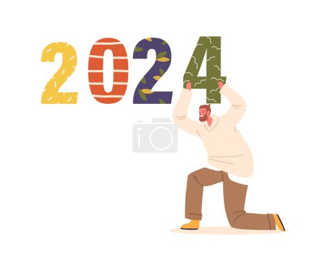 Téléchargez les illustrations : L'homme tient fièrement des chiffres 2024, symbolisant la nouvelle année qui approche, avec espoir et anticipation dans ses yeux. Caractère masculin excité prêt pour l'avenir. Illustration vectorielle des personnages de bande dessinée - en licence libre de droit