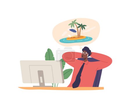 Ilustración de Office Character Dream In His Cubicle, Daydream lo transporta a una isla tropical serena, donde descansa en las arenas blancas, sombreado por la palmera, bebiendo un cóctel. Dibujos animados Gente Vector Ilustración - Imagen libre de derechos