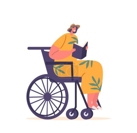 Téléchargez les illustrations : Femme handicapée dans un fauteuil roulant Engrossi dans un livre, ses yeux remplis de curiosité et son cœur perdu dans le monde des mots. Caractère handicapé du lecteur féminin. Illustration vectorielle des personnages de bande dessinée - en licence libre de droit