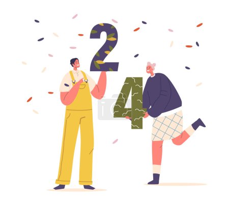 Illustration for Cheerful Excited Male and Female Characters Holding Giant, Colorful Numbers 24, Signifying Hope And Anticipation For The Upcoming Year. Cartoon People Celebrate Party. Vector Illustration - Royalty Free Image