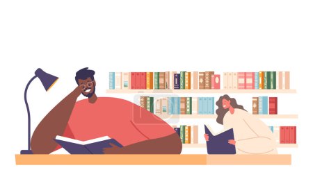 Charaktere, die in einer stillen Bibliothek gelesen werden, tauchen in Bücher ein, deren Gesichter von weichen Leselampen erhellt werden, wodurch ein ruhiges Refugium des Wissens und der Fantasie entsteht. Vektorillustration