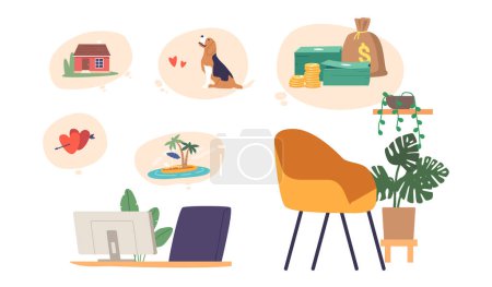 Illustration for Set of Icons featuring Human Dreams of Money, Love, Dog, House, Vacation and Love. Cartoon Vector Illustration, Graphic Design Elements of Computer Desk with Pc, Armchair and Houseplant - Royalty Free Image
