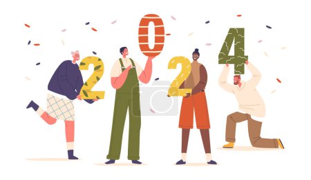 Ilustración de Grupo de personajes alegres celebrando alegremente números coloridos 2024 bajo el Confetti cayendo, sus rostros llenos de esperanza y emoción para el próximo año. Dibujos animados Gente Vector Ilustración - Imagen libre de derechos