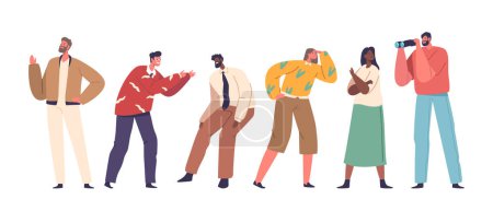 Ilustración de Diverso grupo de personajes masculinos y femeninos se mantiene unidos, cada uno haciendo gestos con expresiones únicas, mostrando sus diferencias aisladas sobre fondo blanco. Dibujos animados Gente Vector Ilustración - Imagen libre de derechos