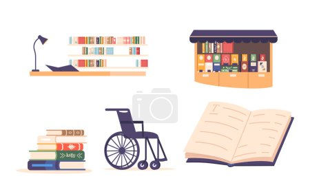 Illustration for Set of Icons, Books Are Gateways To Knowledge, Imagination, And Adventure. They Transport Readers To Distant Worlds, Spark Creativity, And Offer Wisdom Through The Written Word. Vector Illustration - Royalty Free Image