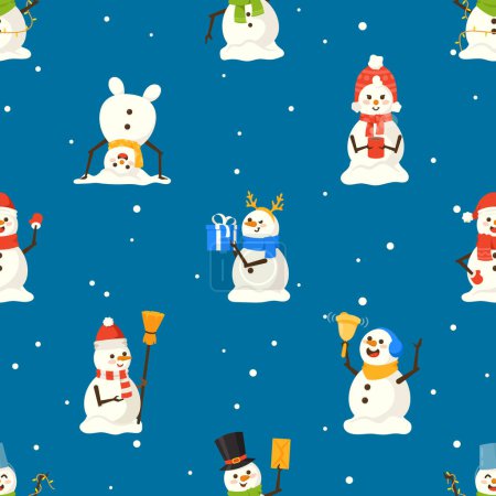 Illustration for Seamless Pattern Featuring Adorable Christmas Snowmen Characters, Each With A Unique, Funny Expression, Creating A Whimsical And Festive Holiday Design. Cartoon Vector Wallpaper, Tile Background - Royalty Free Image