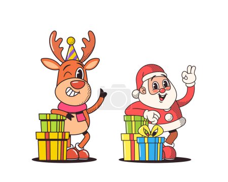 Téléchargez les illustrations : Personnages de Noël rétro, Père Noël joyeux dans un costume vintage, renne rayonnant avec nez brillant, montrant les gestes pouce vers le haut et les yeux de clin d'oeil, écartant la joie festive. Personnages de bande dessinée Illustration vectorielle - en licence libre de droit