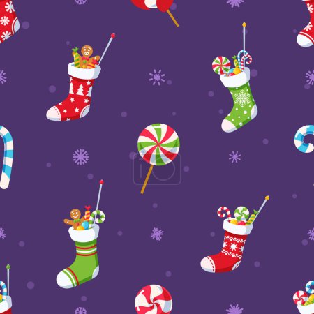 Illustration for Seamless Pattern Featuring Colorful Christmas Socks Adorned With Festive Sweets Like Candy Canes, Gingerbread Cookies, And Lollipops For A Delightful Holiday Design. Cartoon Vector Tile Background - Royalty Free Image