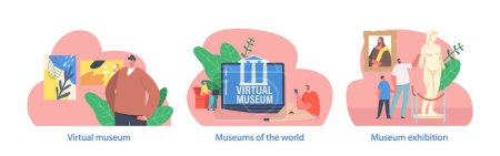 Ilustración de Elementos aislados con los visitantes exploran el museo virtual, interactúan con el arte digital y las exhibiciones históricas, usan auriculares Vr e interactúan con la pantalla inmersiva. Dibujos animados Gente Vector Ilustración - Imagen libre de derechos