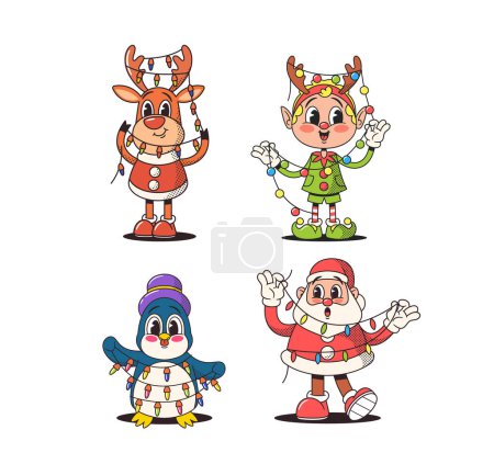 Téléchargez les illustrations : Personnages de Noël de bande dessinée dans un style rétro de charme, Scène festive se déroule avec un cerf lunatique, Elfe joyeux, Père Noël, et adorable pingouin Célébration de Noël joyeusement. Illustration vectorielle - en licence libre de droit