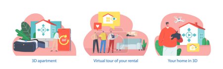 Illustration for Isolated Elements With People Characters Excitedly Exploring A 3d Apartment Tour, Gesturing And Discussing The Features With Enthusiasm, Creating A Lively Atmosphere. Cartoon Vector Illustration - Royalty Free Image