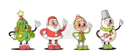 Ilustración de Personajes navideños de estilo retro evocan nostalgia. Papá Noel con los ojos centelleantes, muñeco de nieve en traje clásico, árbol y elfo pulgares hacia arriba. Personajes de vectores de dibujos animados en un ambiente vintage y acogedor - Imagen libre de derechos