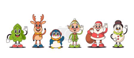 Illustration for Retro-style Christmas Characters Embody Nostalgia With Their Charming, Timeless Appeal. Santa Claus In A Classic Red Suit, Jolly Snowman, And Whimsical Reindeer Cartoon Vector Personages Waving Hands - Royalty Free Image