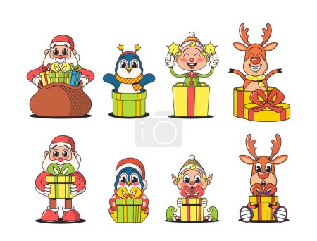 Téléchargez les illustrations : Personnages de Noël dans un style rétro de charme, Père Noël joyeux, elfe ludique, drôle de pingouin et renne Surround cadeaux emballés festivement, répandre la joie des fêtes. Ensemble de personnages vectoriels de bande dessinée - en licence libre de droit