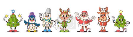 Téléchargez les illustrations : Personnages de Noël rétro. Joyeux Père Noël dans un costume rouge vintage, un bonhomme de neige classique avec un seau, un pingouin avec un chapeau haut de forme, un elfe, un arbre et un renne. Personnages vectoriels de dessins animés nostalgiques de vacances - en licence libre de droit