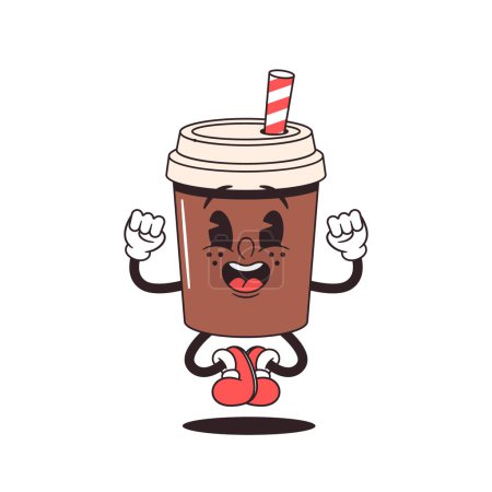 Illustration for Cheerful Retro-style Cartoon Disposable Coffee Mug Character With A Smiling Face, Bright Colors, And A Fun Personality, Adding A Touch Of Nostalgia To Any Beverage Experience. Vector Illustration - Royalty Free Image