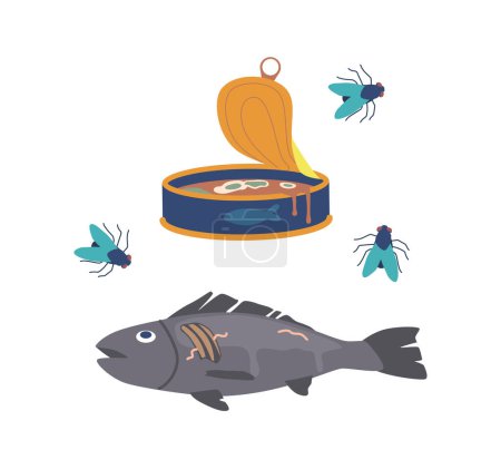 Illustration for Spoiled Fish And Canned Food, Showing Decay, Unappetizing Contents, Pungent, Putrid Odor, Its Flesh Discolored And Slimy. Unpleasant Sight And Scent, Unfit For Consumption. Cartoon Vector Illustration - Royalty Free Image