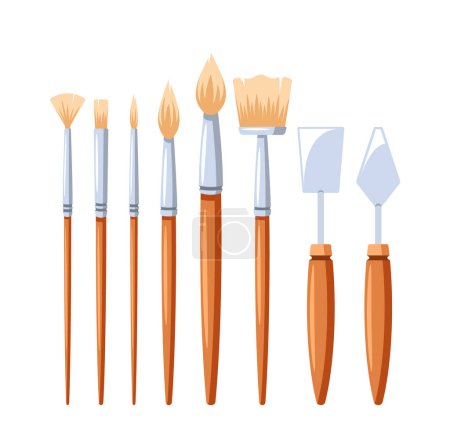 Illustration for Paint Brushes And Palette Knives, Essential Tools For Artists, Come Alive With Vibrant Bristles And Sharp Edges, Ready To Transform A Canvas Into A Masterpiece. Cartoon Vector Illustration - Royalty Free Image