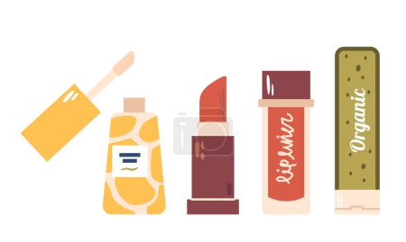 Ilustración de Los productos cosméticos del maquillaje para los labios, comprenden varios productos como lápiz labial, brillo, forro y bálsamo orgánico, permitiendo transformaciones creativas y mejorando la apariencia. Ilustración de vectores de dibujos animados - Imagen libre de derechos