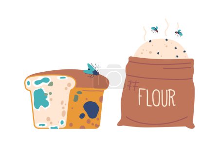 Illustration for Spoiled Food Set, Mold-covered Bread And Rancid Flour with Flying Insects around Isolated On White Background. A Sad Reminder Of Neglect In The Kitchen. Cartoon Vector Illustration - Royalty Free Image